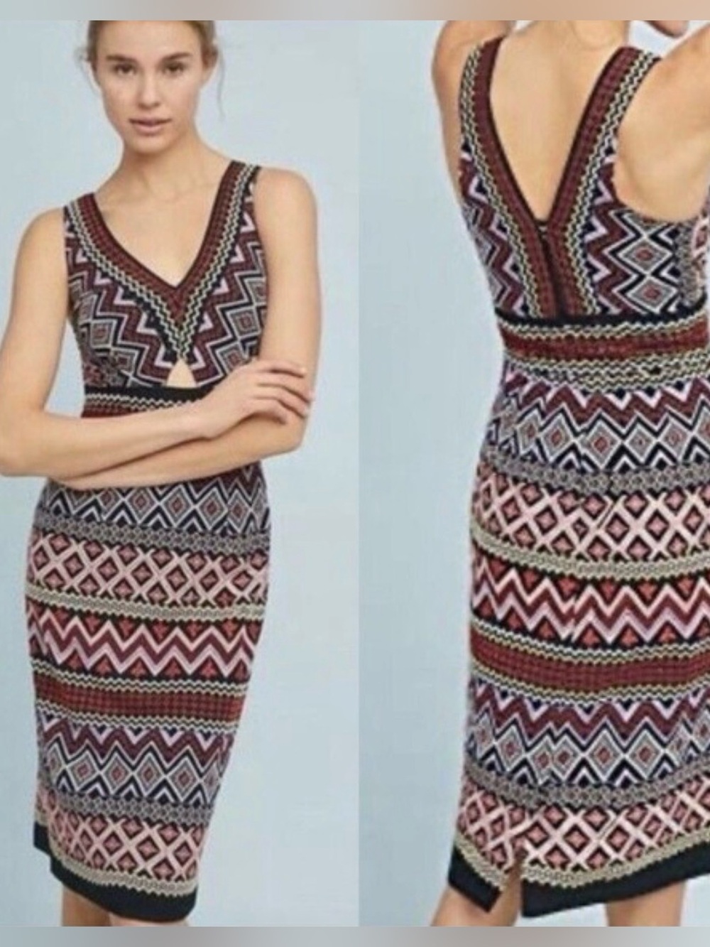 Aztec Tribal Sleeveless V-Neck Patterned midi Dress in Burgundy and Pink sz 6